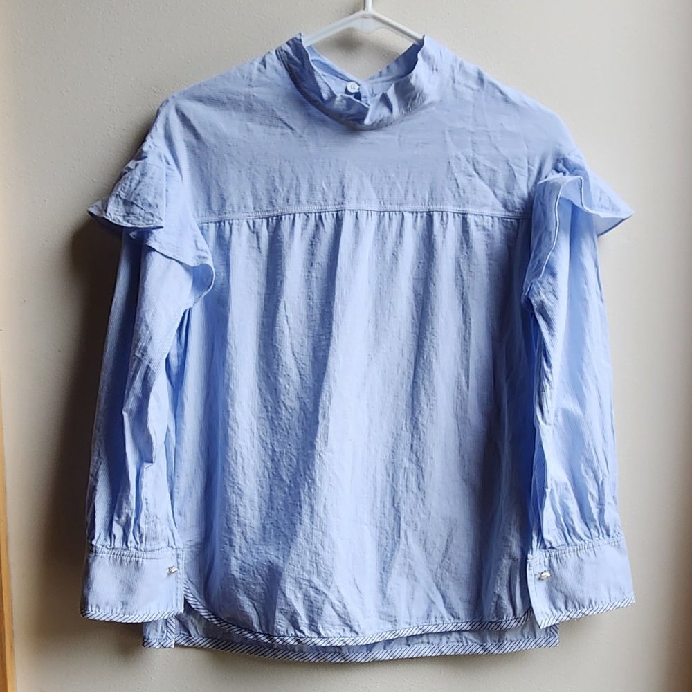 Blue Ruffled Micro-Striped Blouse Size Medium